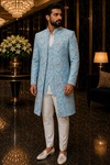 Sky Blue Thread Embroidered Jodhpuri Suit 4 Pc Indian Wedding Outfit for Men