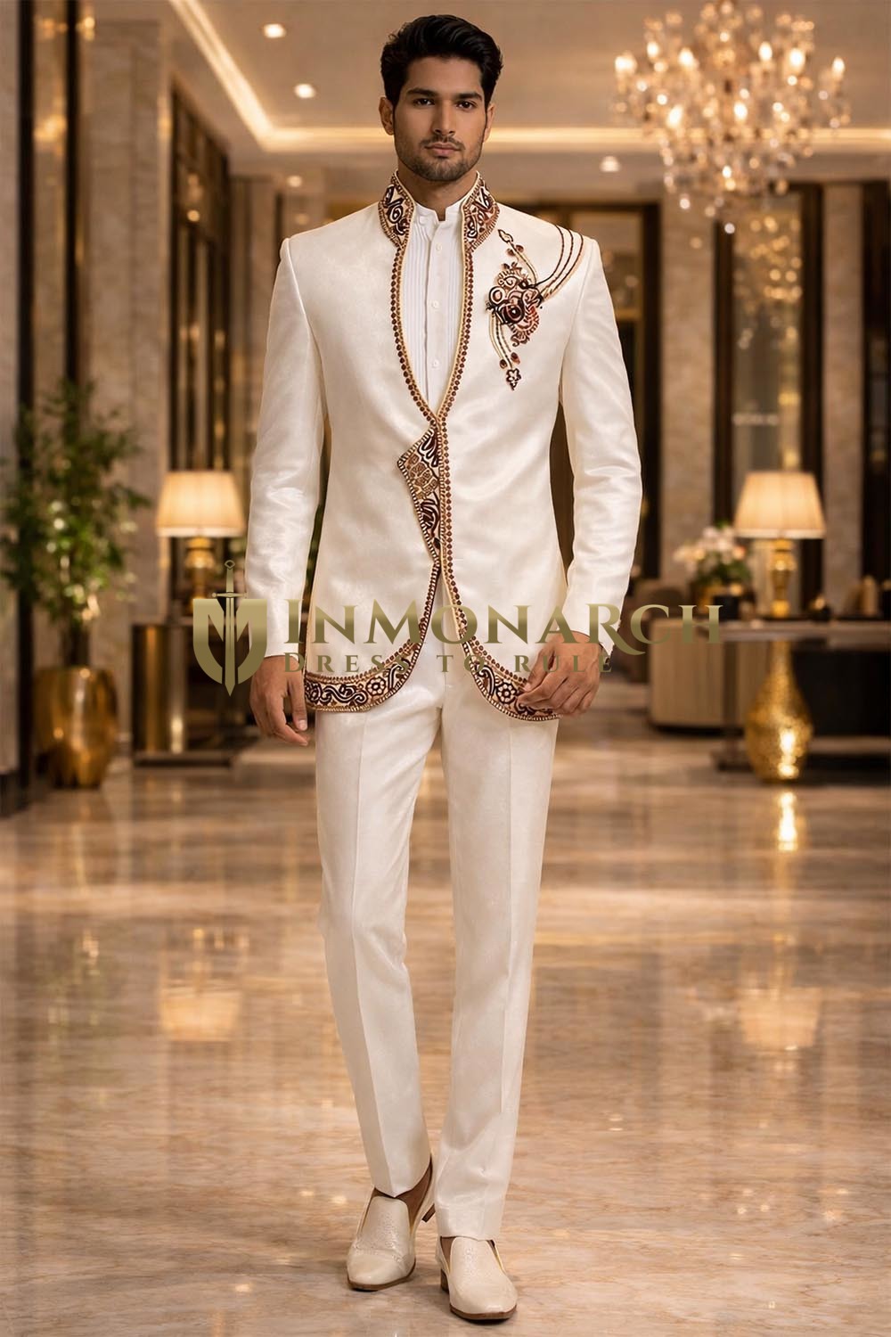 Cream Embroidered Jodhpuri Suit 3 Pc Nehru Collar Wedding Outfit for Men