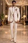 Cream Embroidered Jodhpuri Suit 3 Pc Nehru Collar Wedding Outfit for Men