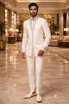 Costume Jodhpuri blanc col montant
