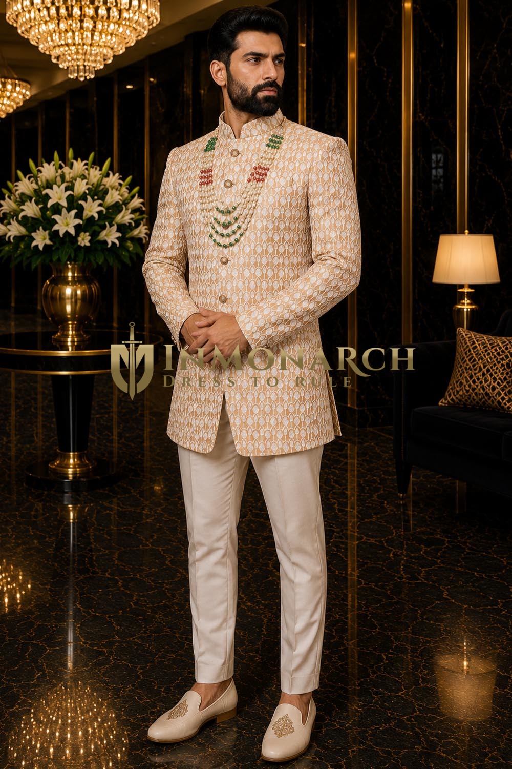 Peach Mandarin Collar Jodhpuri Suit 2 Pc Groom Wedding Outfit for Men