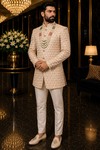 Peach Mandarin Collar Jodhpuri Suit 2 Pc Groom Wedding Outfit for Men