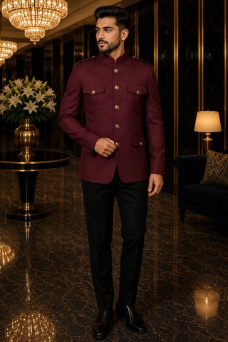 Traje Jodhpuri safari burdeos hombre