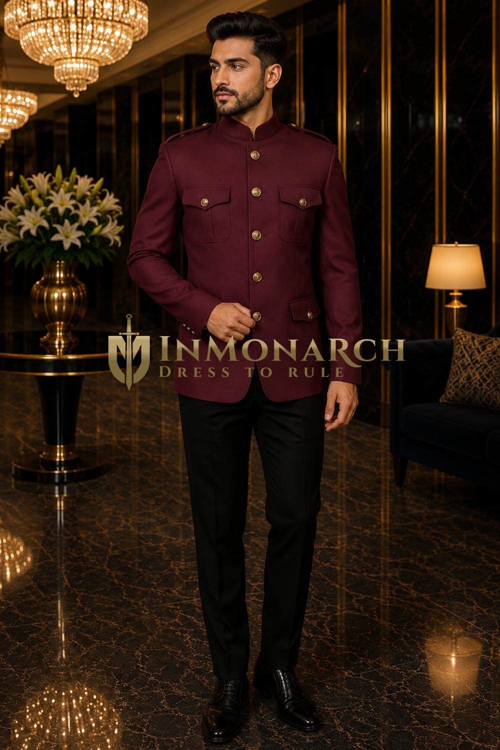 Traje Jodhpuri safari burdeos hombre