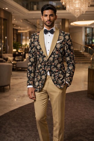 Black Velvet Floral Embroidered Tuxedo Blazer with Gold Shawl Lapel for Men