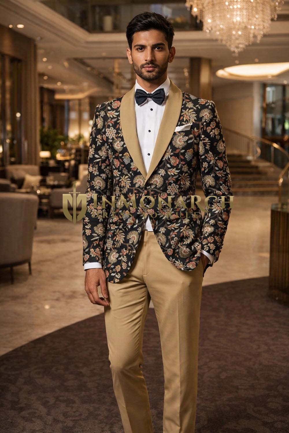 Black Velvet Floral Embroidered Tuxedo Blazer with Gold Shawl Lapel for Men