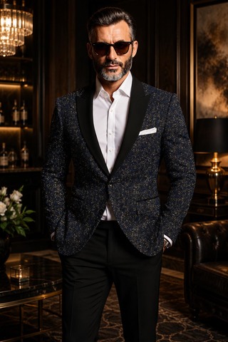Blue Jacquard Blazer with Black Satin Peak Lapel 2 Button Jacket for Men