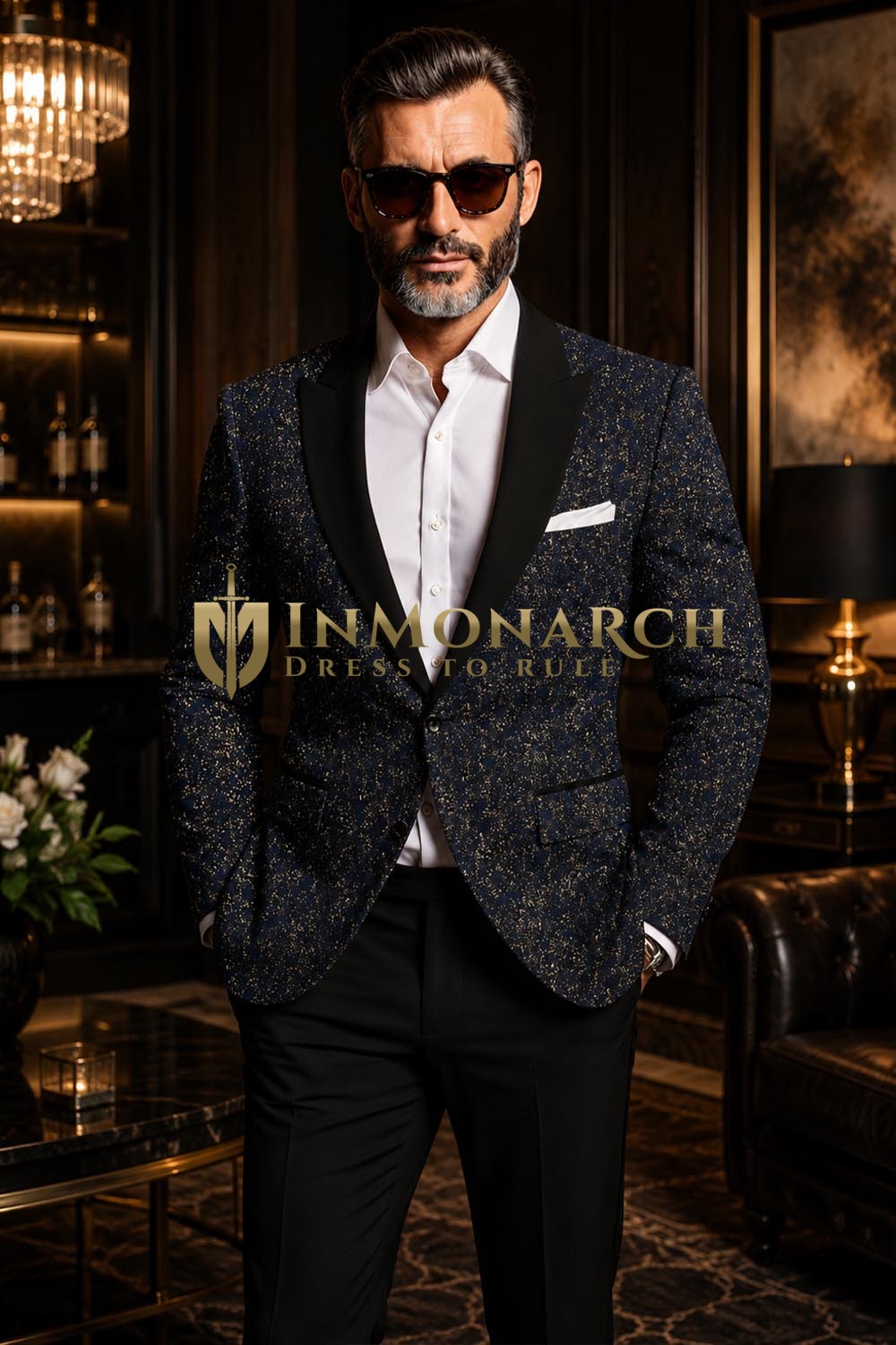  Blauer Jacquard-Blazer mit Satinrevers