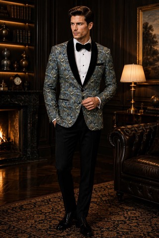 Green Printed Partywear Blazer with Black Satin Shawl Lapel Slim Fit Jacket