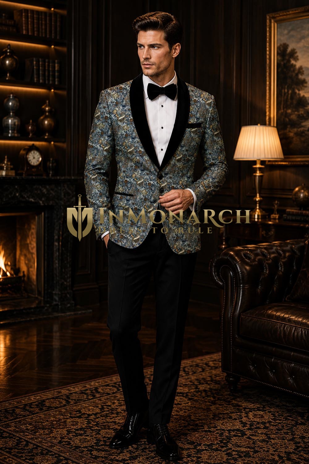 Blazer vert imprimé de soirée col châle noir