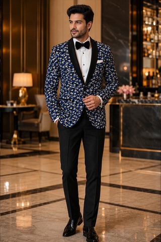 Black Dinner Date Blazer with Blue Print and Satin Shawl Lapel for Men