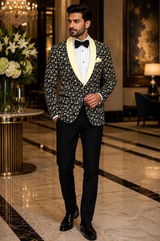 Dark Navy Floral Wedding Blazer with Black Satin Shawl Lapel Slim Fit