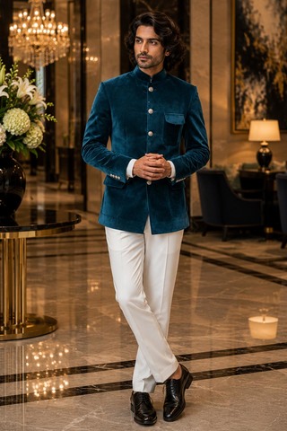 Blue Velvet Mandarin Collar Jacket for Men Wedding & Party Wear
