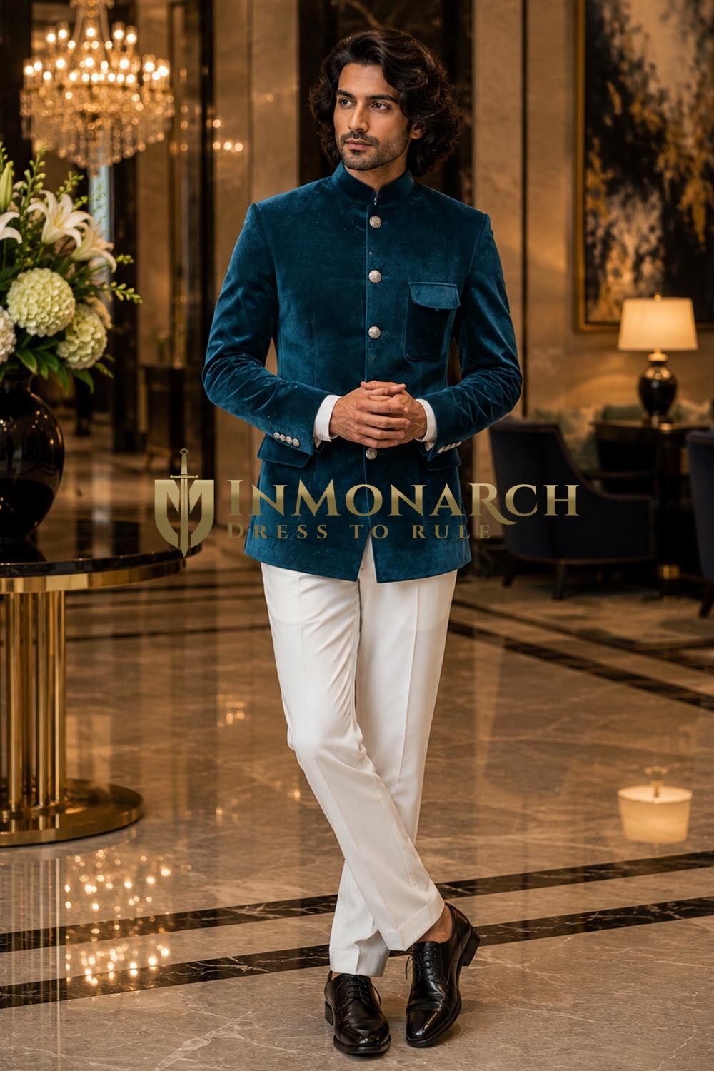Blue Velvet Mandarin Collar Jacket for Men Wedding & Party Wear