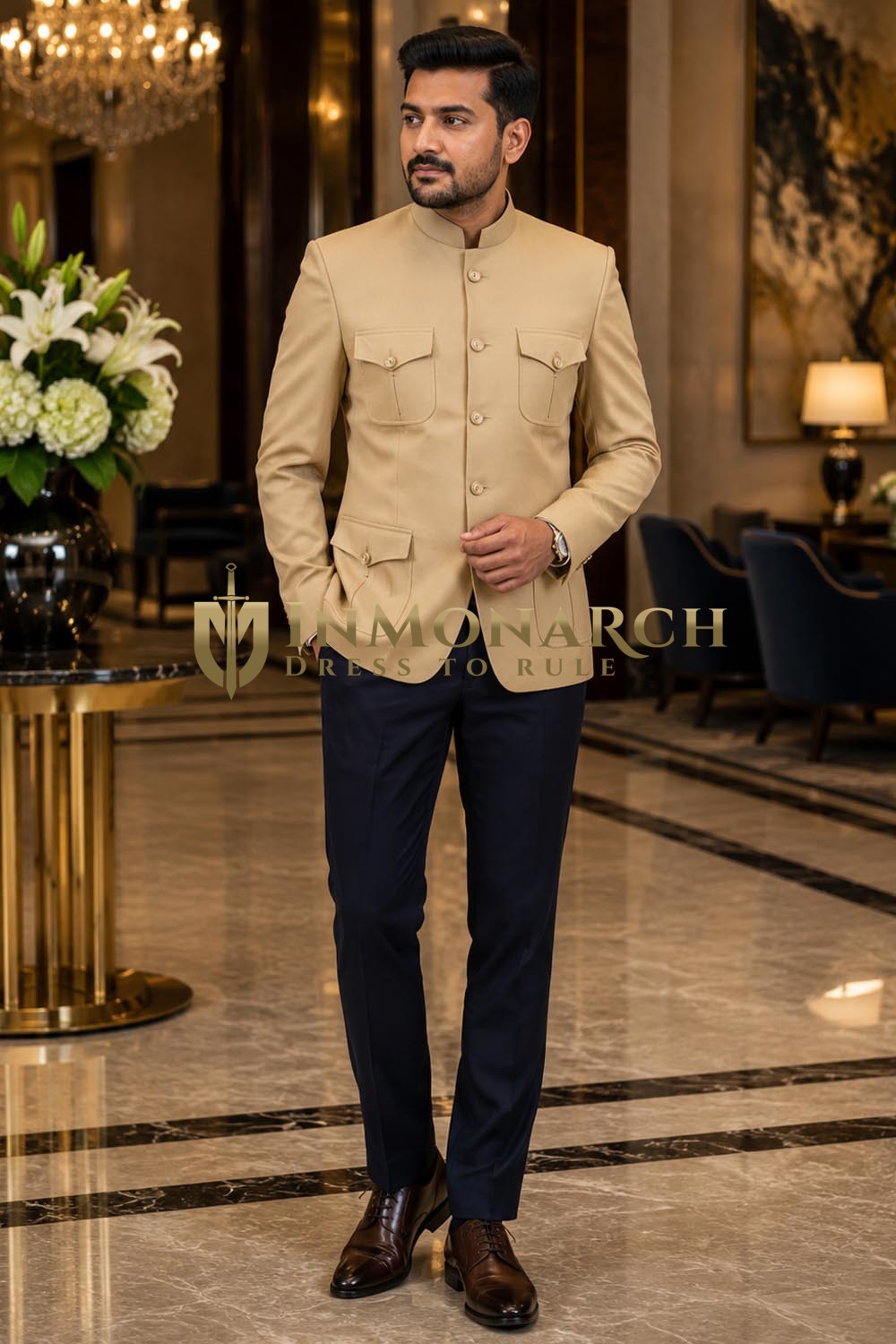 Burlywood Linen Nehru Jacket for Men Mandarin Collar Safari Style