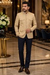 Burlywood Linen Nehru Jacket for Men Mandarin Collar Safari Style