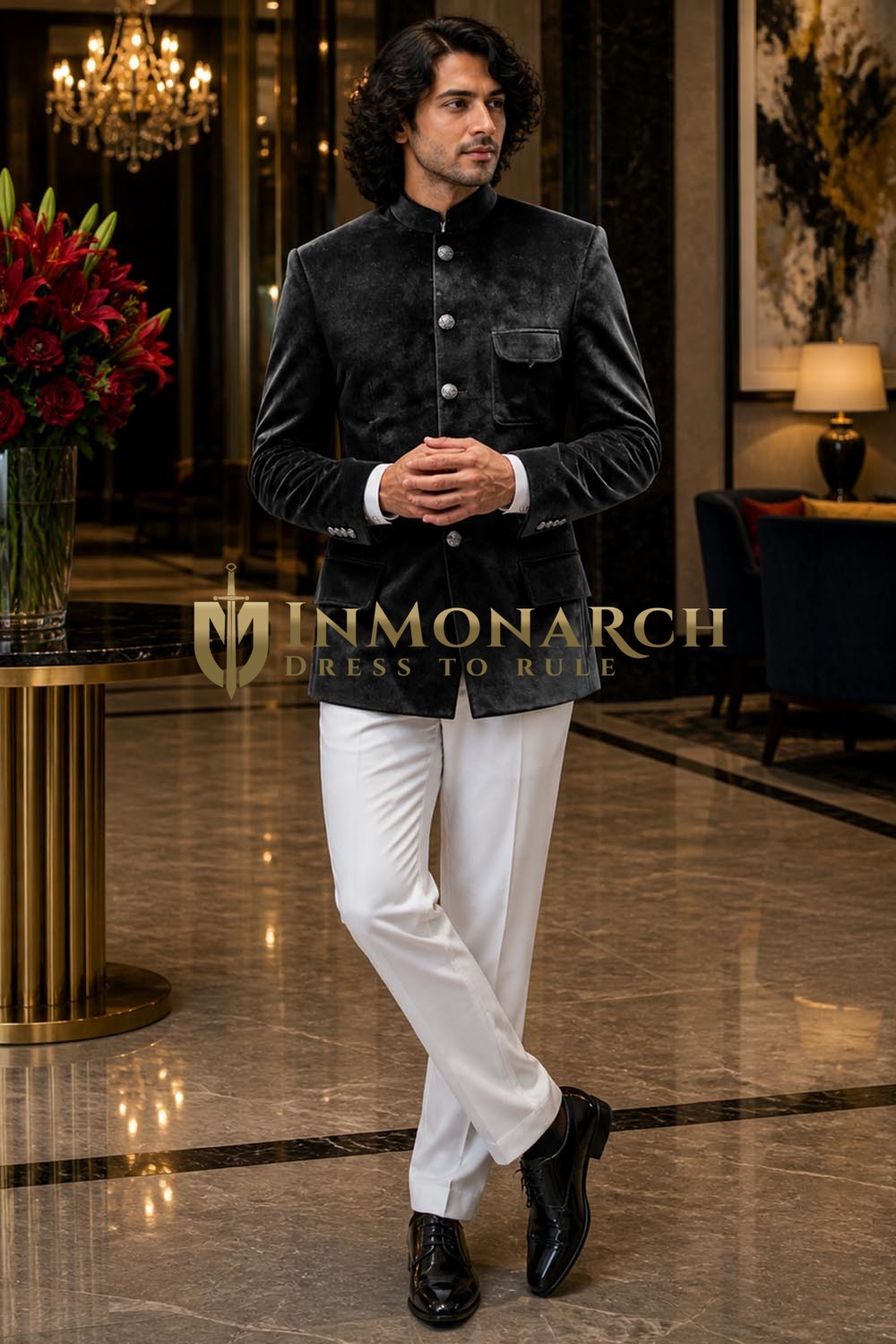 Grey Velvet Mandarin Collar Jacket for Men Wedding & Party Wear