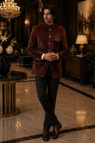 Brown Velvet Mandarin Collar Jacket for Men Wedding & Party Wear