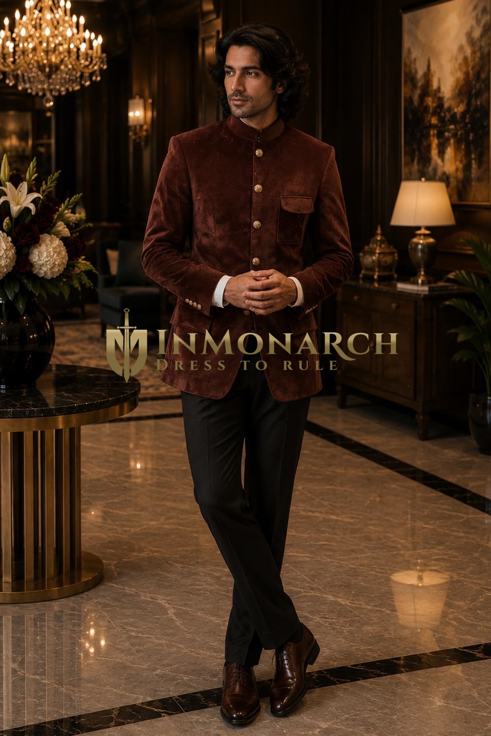 Brown Velvet Mandarin Collar Jacket for Men Wedding & Party Wear