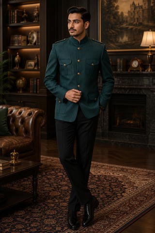 Green Jodhpuri Safari Blazer 4 Pocket Mandarin Collar Jacket for Men