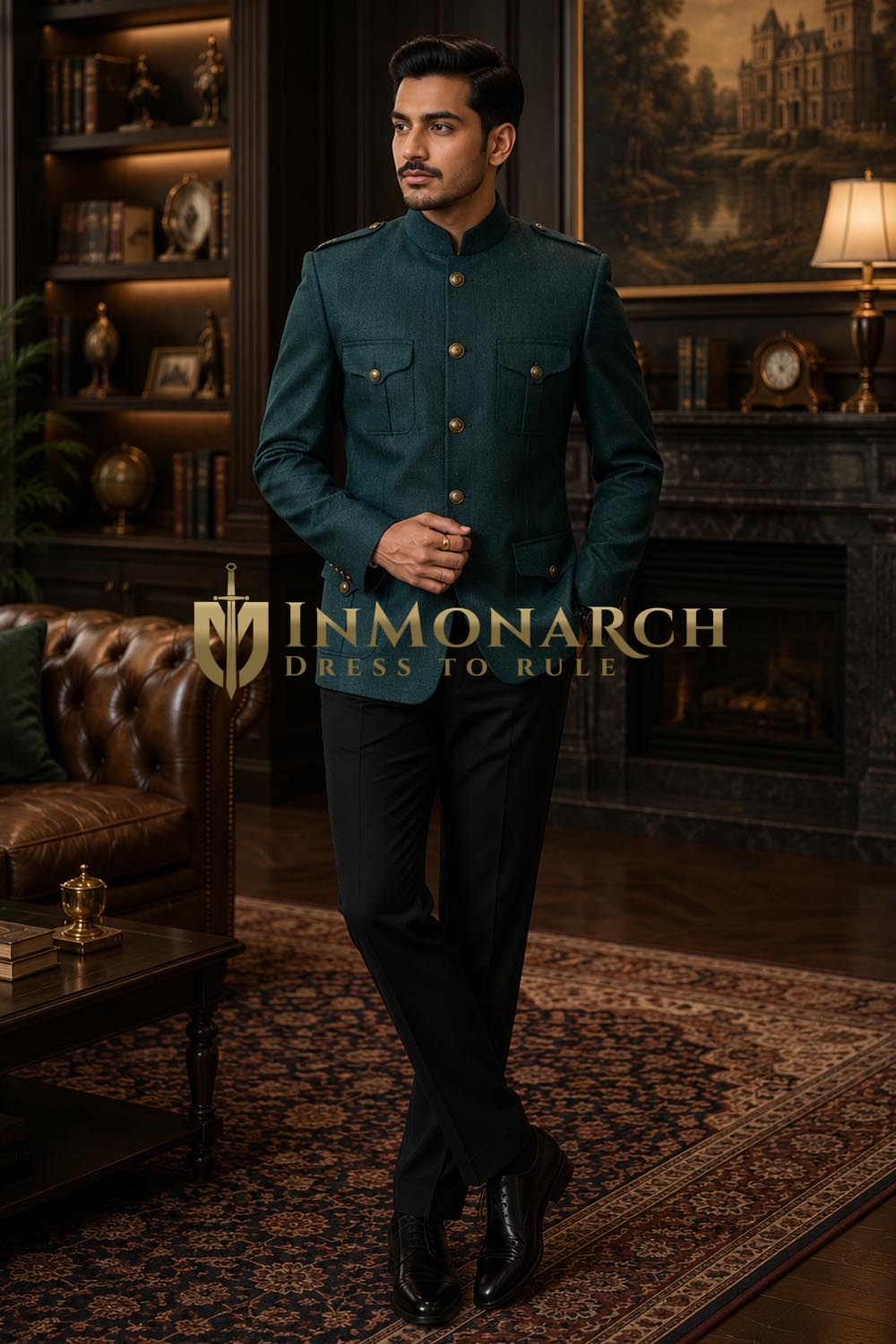 Green Jodhpuri Safari Blazer 4 Pocket Mandarin Collar Jacket for Men