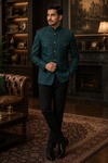 Green Jodhpuri Safari Blazer 4 Pocket Mandarin Collar Jacket for Men