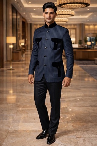 Navy Blue Nehru Collar Safari Jacket 4 Pocket Epaulettes for Men