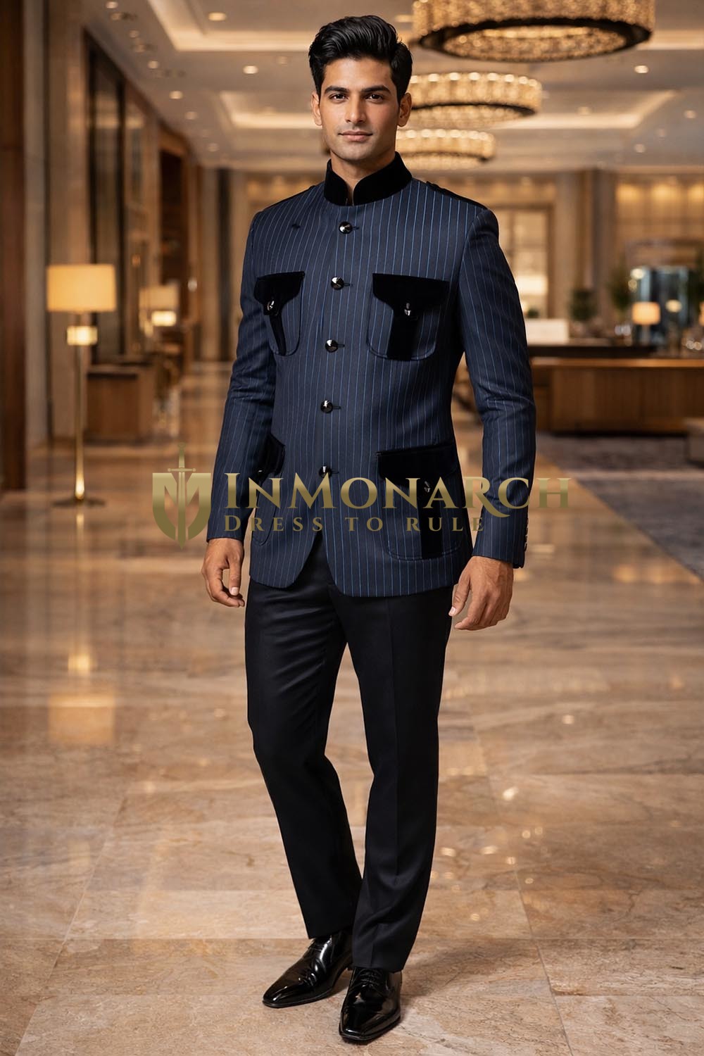 Navy Blue Nehru Collar Safari Jacket 4 Pocket Epaulettes for Men