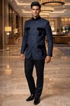 Navy Blue Nehru Collar Safari Jacket 4 Pocket Epaulettes for Men