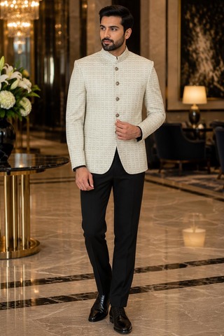 Veste Nehru crème brodée homme
