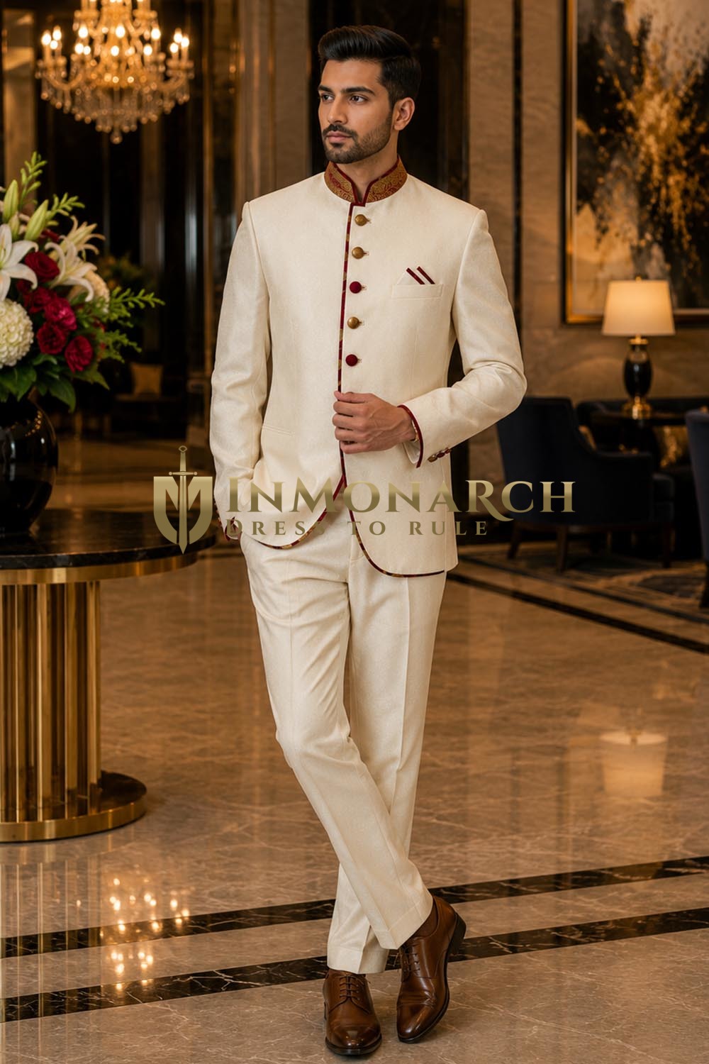 Mens Ivory 2 Piece Jodhpuri Suit Copper Piping Wedding Formal Outfit