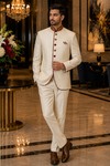 Mens Ivory 2 Piece Jodhpuri Suit Copper Piping Wedding Formal Outfit