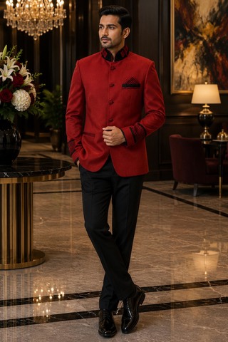 Mens Red Velvet 2 Piece Jodhpuri Suit Royal Wedding Formal Outfit Black