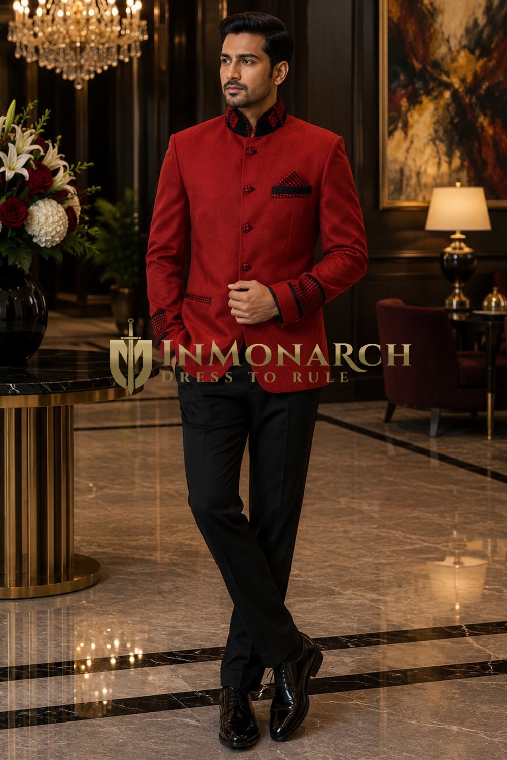 Mens Red Velvet 2 Piece Jodhpuri Suit Royal Wedding Formal Outfit Black