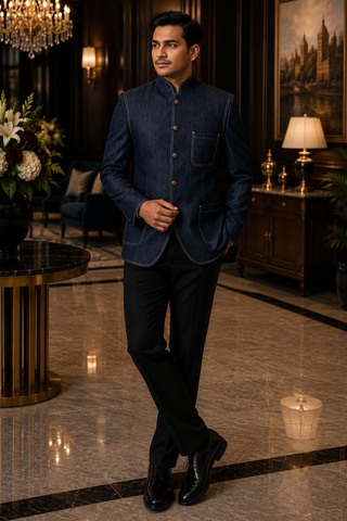 Mens Denim Blue Cotton Jodhpuri Jacket 1 Pc Nehru Collar Wedding Blazer