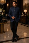 Mens Denim Blue Cotton Jodhpuri Jacket 1 Pc Nehru Collar Wedding Blazer