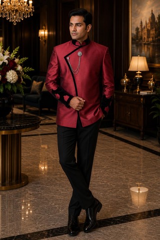 Mens Maroon Dupion Silk Jodhpuri Jacket 1 Pc Angarakha Wedding Blazer
