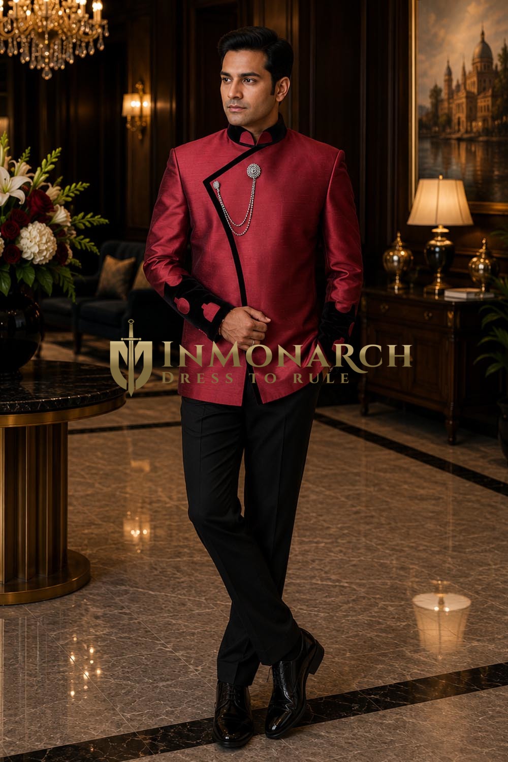 Mens Maroon Dupion Silk Jodhpuri Jacket 1 Pc Angarakha Wedding Blazer