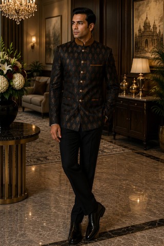 Mens Black Floral Jodhpuri Jacket 1 Pc Formal Nehru Collar Wedding Wear