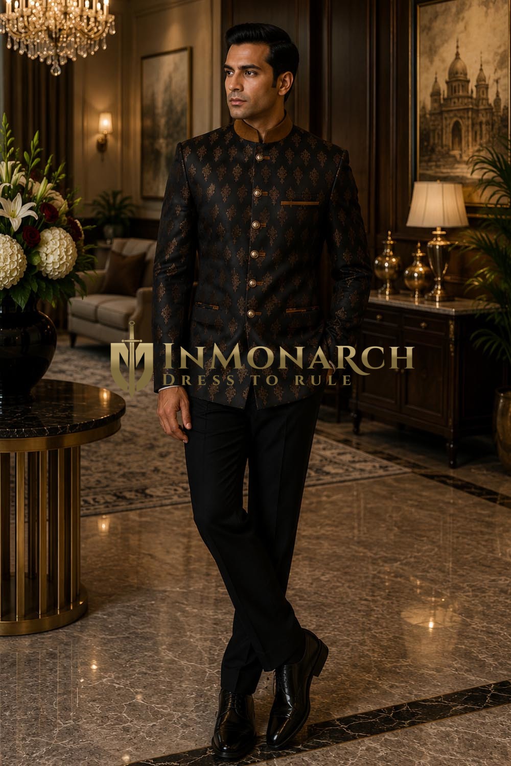 Mens Black Floral Jodhpuri Jacket 1 Pc Formal Nehru Collar Wedding Wear