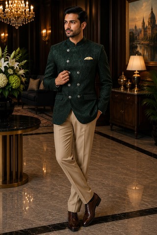 Mens Dark Green Jacquard Jodhpuri Jacket 1 Pc Wedding Nehru Blazer Coat