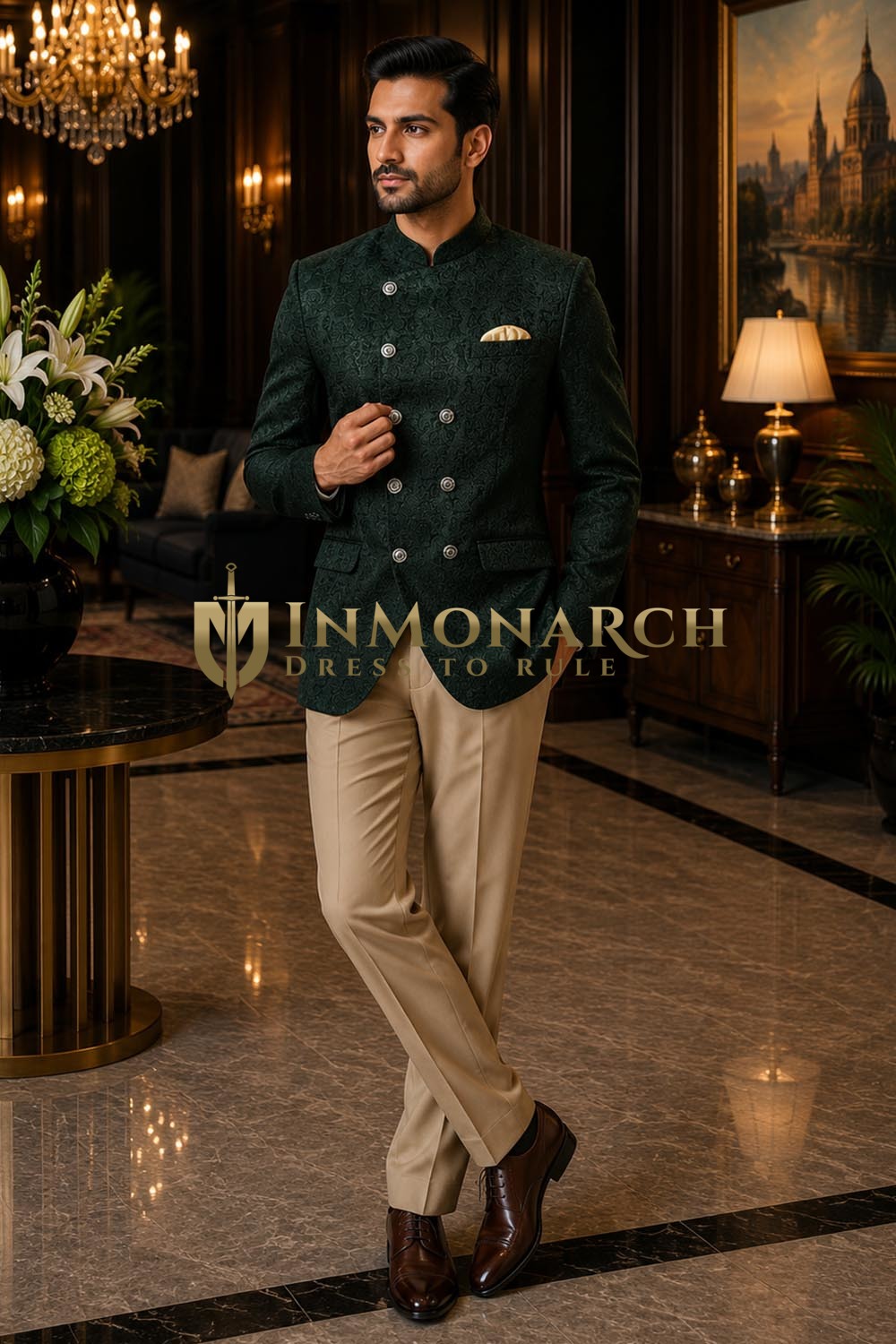 Mens Dark Green Jacquard Jodhpuri Jacket 1 Pc Wedding Nehru Blazer Coat