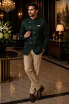 Mens Dark Green Jacquard Jodhpuri Jacket 1 Pc Wedding Nehru Blazer Coat