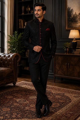 Veste Nehru velours noir piping rouge