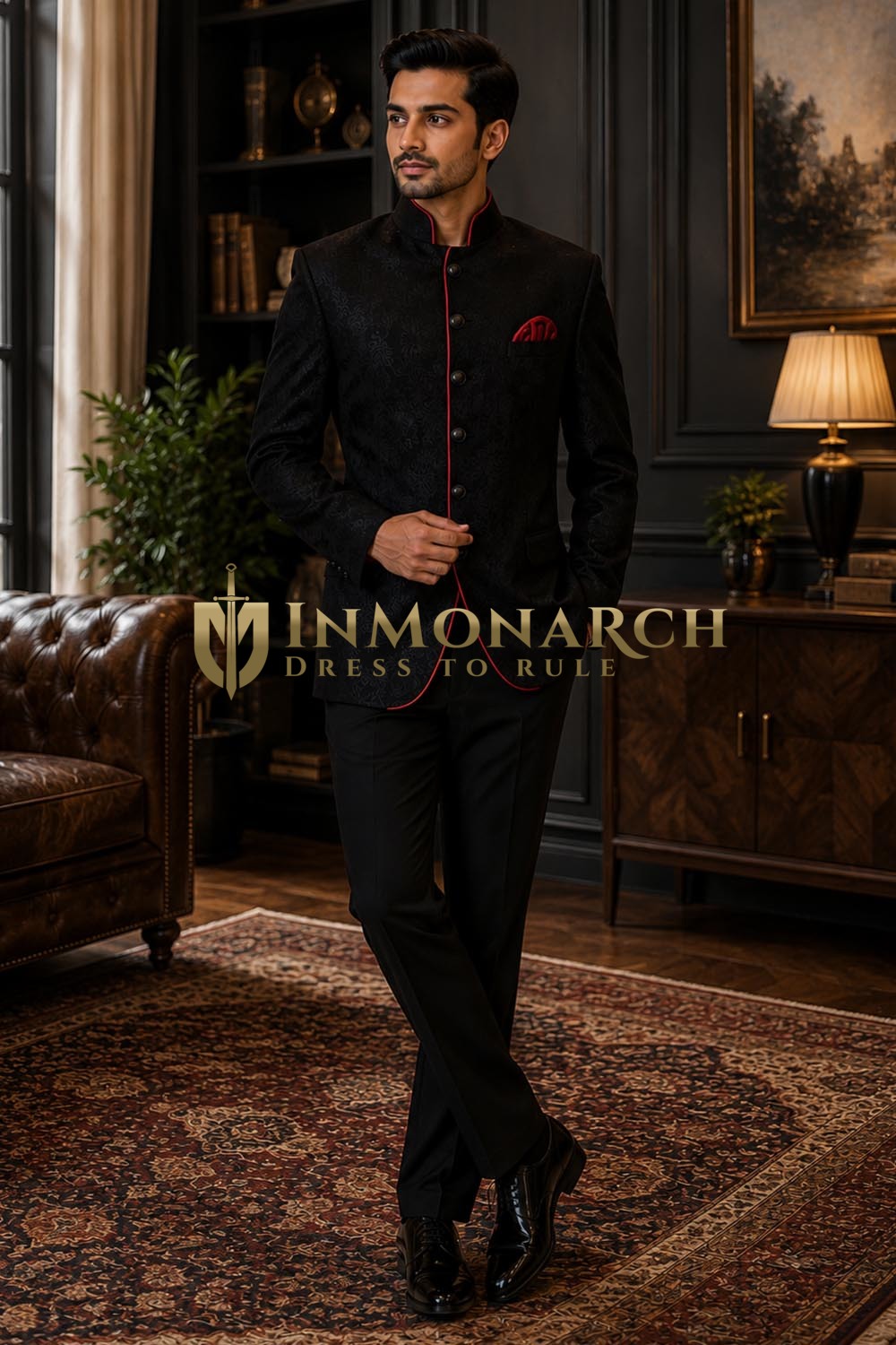 Veste Nehru velours noir piping rouge