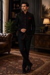 Veste Nehru velours noir piping rouge