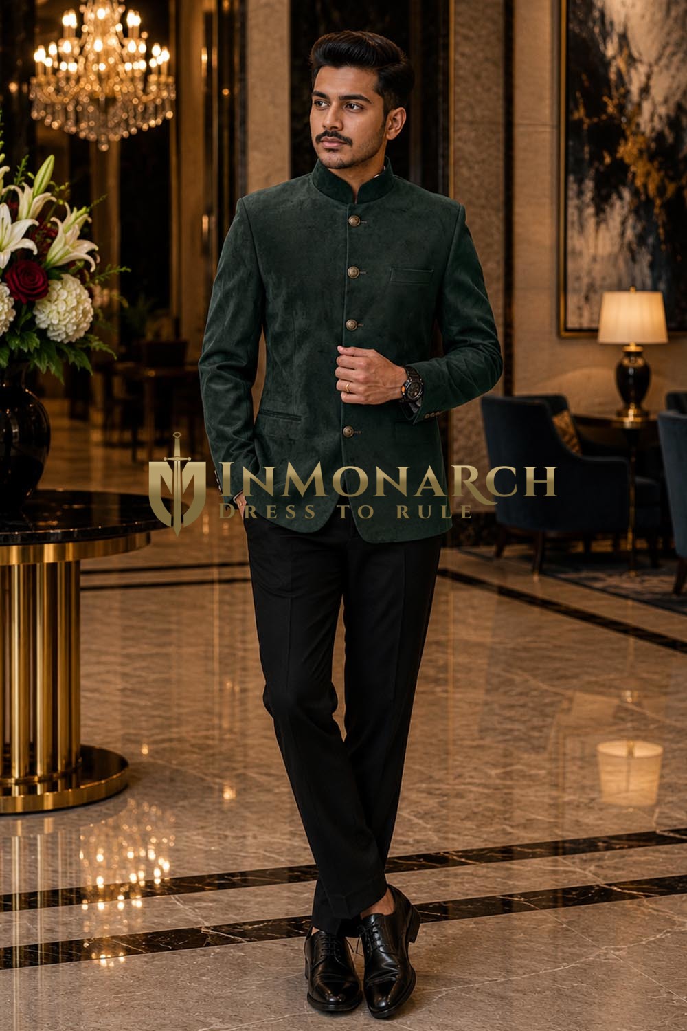 Mens Dark Green Suede Jodhpuri Jacket 1 Pc Wedding Nehru Collar Blazer