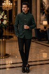 Mens Dark Green Suede Jodhpuri Jacket 1 Pc Wedding Nehru Collar Blazer
