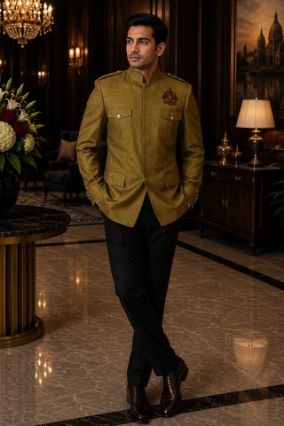 Chaqueta Nehru safari verde con hombreras