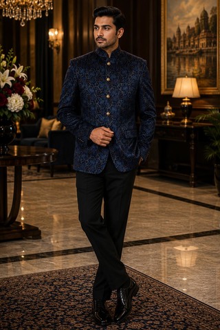 Chaqueta Nehru azul acero estampada fiesta